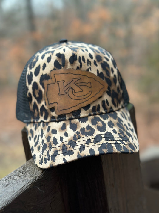 KC Arrowhead | Leopard Print Ball Cap | Leather Patch | Snapback One Size Fits All |