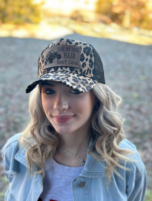 Side By Side Hair Don't Care | Adorable Leopard Print Ball Cap With Leather Patch | Snap back Hat