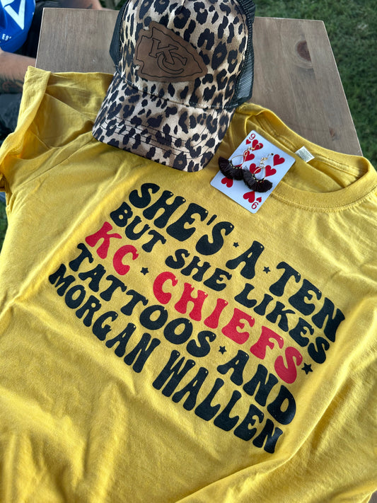 She's A Ten But She Likes KC Chiefs Tattoos And Morgan Wallen | Unisex Soft Style Tee | Screen Printed Graphic T-shirt